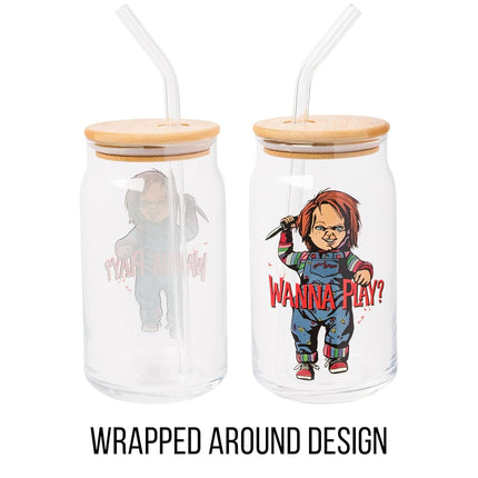 Silver Buffalo Chucky Wanna Play Scary Glass Jar Tumbler with Bamboo Lid and Glass Straw, 16 Ounces