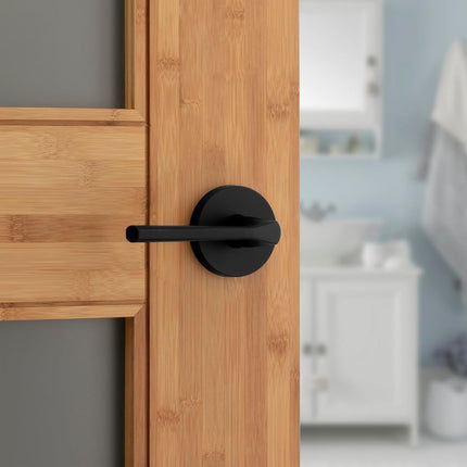 Kwikset Lisbon Interior Privacy Door Handle with Lock, Round Lever for Bathroom and Bedroom, Matte Black Reversible Keyless Push Button Lock Door Lever, with Microban Protection