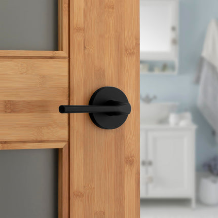 Kwikset Lisbon Interior Privacy Door Handle with Lock, Round Lever for Bathroom and Bedroom, Matte Black Reversible Keyless Push Button Lock Door Lever, with Microban Protection