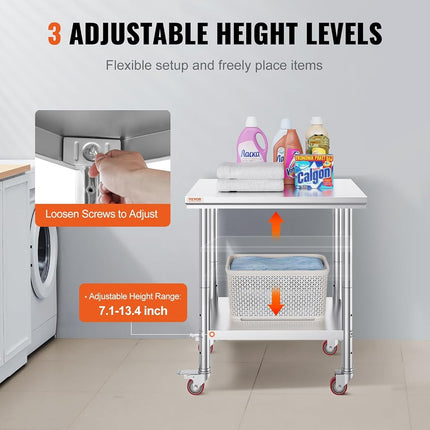 VEVOR Stainless Steel Catering Work Table 76(L) x60(W) x80(H) cm Commercial Work Table with 4 Wheels Commercial Food Prep Workbench with Flexible Adjustment Shelf for Kitchen Prep Table