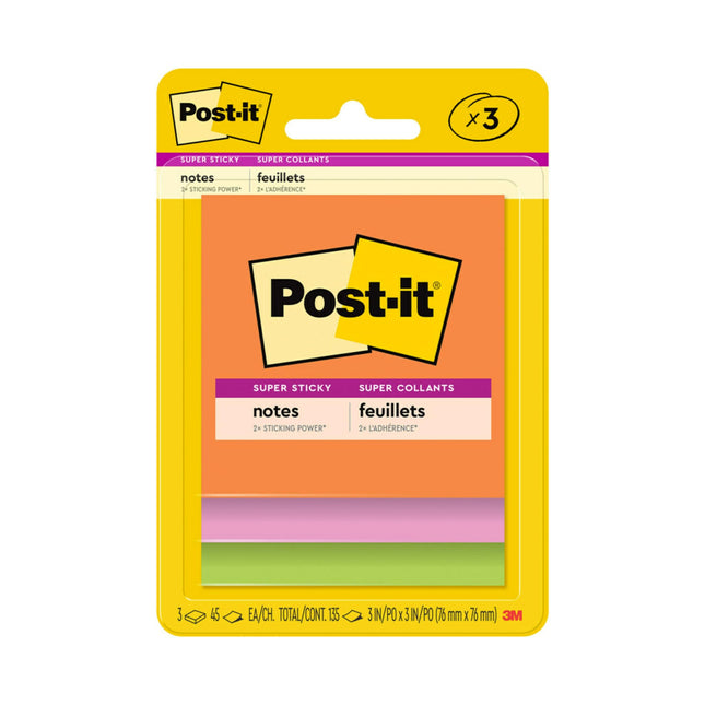 Post-it® Super Sticky 3"x3" Ultra Colour Pads, 3pa