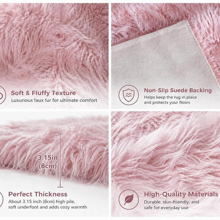 EasyJoy Faux Sheepskin Rug, Fluffy Faux Fur Rug, Ultra Soft Shag Area Rug with Non-Slip Backing for Bedroom, Living Room, Nursery, Kids Room(2 x 4 ft Rectangle, Frosted Bottom Pink)