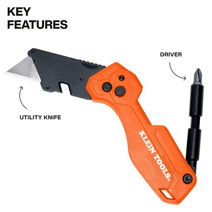 Klein Tools 44304 Folding FLICKBLADE Utility Knife, Compact, Removable Impact Driver, 1/4-Inch Nut Driver and #2 Phillips Bit