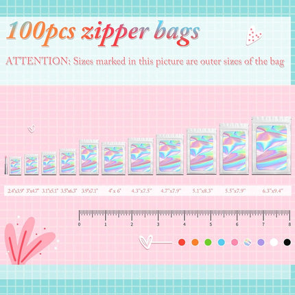 FUNFERY 100 pcs Smell Proof Mylar Bags Holographic Packaging Bags, Clear Window Resealable Odor Foil Pouch Ziplock for Food Storage (White, 6.3 x 9.4 Inch)