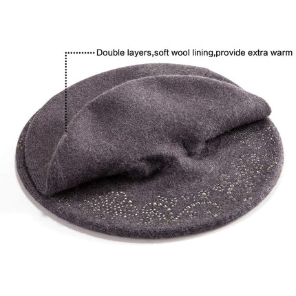 LADYBRO Sombreros Boina de Diamantes de Imitación para Mujer 2 Capas de Lana Gorro Tejido Francés Señora Invierno Negro, Gris, Talla Única