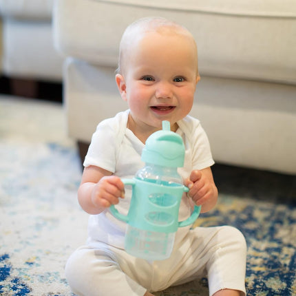 Dr. Brown's Milestones Wide-Neck Sippy Straw Bottle with 100% Silicone Handles and Weighted Straw, 9 oz/270 mL, Gray & Green, 6m+, 2 Pack