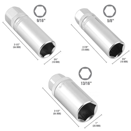 OEMTOOLS 22891 3/8 Drive Magnetic Spark Plug Socket Set, Contains 5/8" (16 mm), 9/16", and 13/16" 6 Point Deep Sockets, Fits Most Car Spark Plugs
