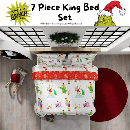 Franco Comforter and Sheet Set with Sham, Microfiber, Grinch-White + Red, 7 Piece King Size