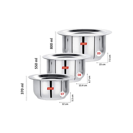 Sumeet Stainless Steel Mini Size Flat Bottom Induction & Gas Stove Friendly Tope/Patila/Cookware Set of 3Pcs with Lids (370ML, 550ML, 800ML)