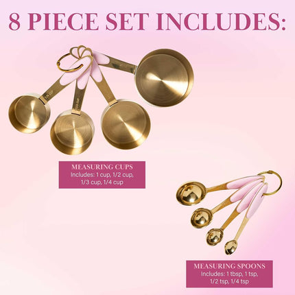 Paris Hilton Measuring Cups and Spoons Set, Stainless Steel with Pink Silicone Inset Handle, Dishwasher Safe, for Dry and Liquid Ingredients, 8-Piece Set, Gold and Pink