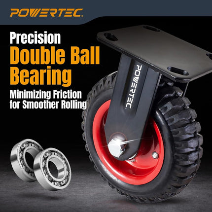 POWERTEC 6 Inch Caster Wheels Set of 4, Heavy Duty Fixed Plate Casters with Rubber Knobby Tread for Workbench, Dolly, Cart, Trolley, Wagon and Chicken Coop, Large Rubber Castor Wheels (17052-P4)