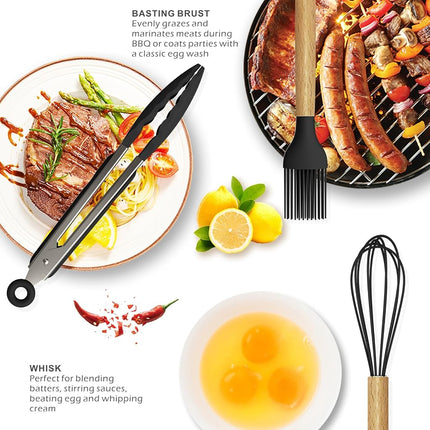 Silicone Cooking Utensils Set - 446°F Heat Resistant Silicone Kitchen Utensils for Cooking,Kitchen Utensil Spatula Set w Wooden Handles and Holder, Gadgets for Non-Stick Cookware BPA Free (Black)