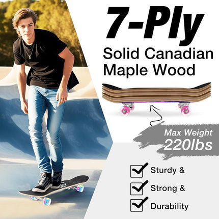 BELEEV Skateboards, 31 x 8 inch Complete Skateboard for Beginners, 7 Layer Canadian Maple Double Kick Deck Concave Cruiser Trick Skateboard for Kids Teens & Adults -Purple