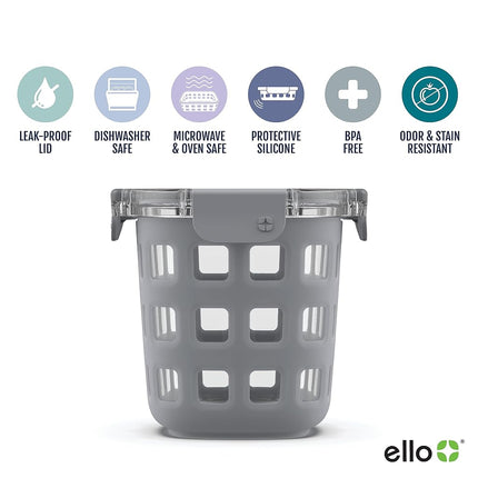 Ello DuraGlass Rounds Glass Food Storage Containers - Meal Prep Bowls with Silicone Sleeve and Airtight Lids, 3 Cup, Gray