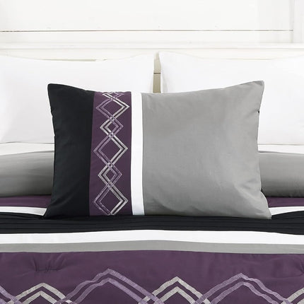 Chezmoi Collection Arden 7-Piece Modern Pleated Stripe Embroidered Zigzag Bedding Comforter Set (Oversized King, Purple/Black/Gray/White)