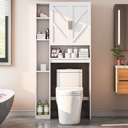 Armario de almacenamiento para encima del inodoro con 7 estantes de almacenamiento, organizador de baño para encima del inodoro con soporte para papel higiénico, armario detrás del inodoro, ahorro de espacio para el baño, la lavandería, blanco