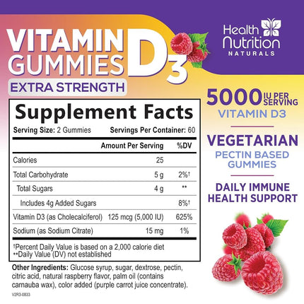 Health Nutrition Naturals Vitamin D3 Gummies 5000IU (125mcg), D Immune Support Gummy, Delicious Raspberry Flavor, Gluten Free Vegetarian GMO-Free Chewable - Bone for Adults, Men, Women 120