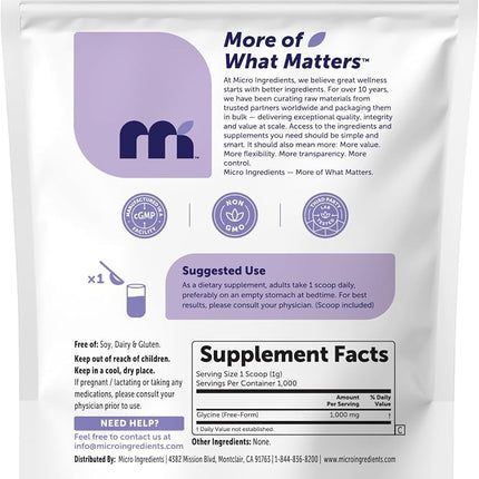 Micro Ingredients Glycine Powder, 1KG (2.2 Pounds), Glycine 1000mg Per Serving, Water Soluble and Product of USA