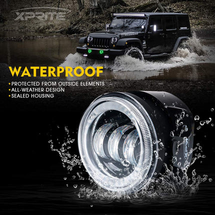 Xprite 4" Inch 60W Cree Led Fog Lights W/Green Halo Ring DRL for Jeep Wrangler JK Tractor Boat Led Fog Lamps Bulb Auto Led Headlight Driving Offroad Lamp