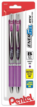 Bolígrafo de gel líquido retráctil Pentel Energel RTX, trazo grueso, punta metálica, tinta violeta, paquete de 2 (BL80BP2V)