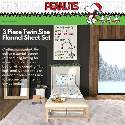 Franco Peanuts Snoopy Puffer Coat Holiday Bedding Super Soft 100% Cotton Flannel Sheet Set, Twin, (Officially Licensed Product)