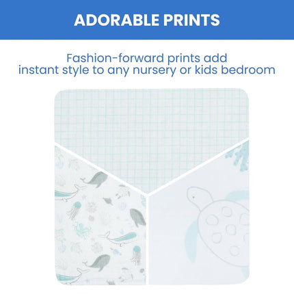 Delta Children Fitted Crib Sheets for Girls and Boys - 100% Organic Cotton Crib Sheet for Standard Crib and Toddler Mattresses - 28x52 Inch - GOTS Certified (Pack of 3), Sea Life