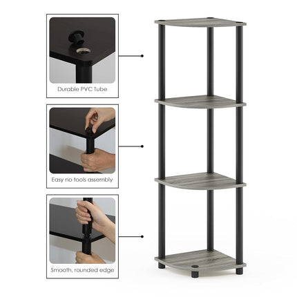 Furinno TURN-N-TUBE Corner Shelf, 4-Tier Corner Bookshelf, Display Storage Shelves with Open Shelves, for Organization and Storage, Living Room, Home Office, Garage, French Oak