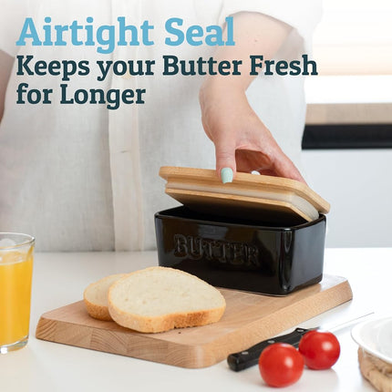 PriorityChef Large Butter Dish with Lid for Countertop, Ceramic Butter Container with Airtight Cover, Butter Keeper for Counter or Fridge, Black Butter Holder Storage