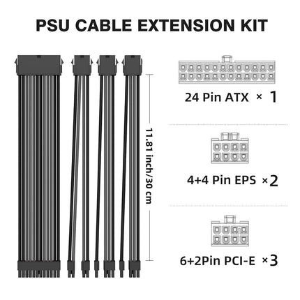 16AWG PSU Cable Extension Kit with Cable Combs,1x24pin ATX/2x8pin(4+4) EPS/3x8pin(6+2) PC Sleeved Cables 30cm Length,Power Supply Extension Cable Kit(Black/Gray)