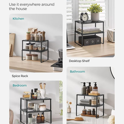 SONGMICS Spice Racks, Set of 2 Metal Cabinet Shelf Organizers, Countertop Organizers, Shelf Risers, Stackable, Expandable, Ink Black UKCS001B01