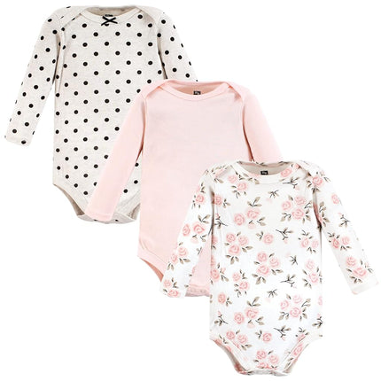 Hudson Baby Baby Girls Cotton Long-sleeve Bodysuits 3-pack, Cinnamon Pink Prints, 0-3 Months