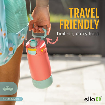 Ello Kids Colby 12oz Stainless Steel Insulated Water Bottle with Straw and Built-In Silicone Coaster Carrying Handle and Leak-Proof Locking Lid for School Backpack, Lunchbox, and Outdoor Sports, Lilac