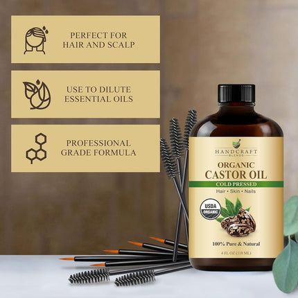 Handcraft Blends Cold-Pressed Organic Castor Oil in Glass Bottle with Lash Brushes - 118 ml - 100% Pure and Natural - Nourishing Bath & Body Oil for Skin, Hair & Nails, Eyelashes and Eyebrows