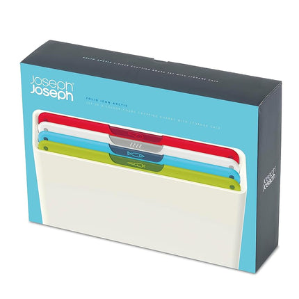 Joseph Joseph Folio Icon, 4-Piece Colour Coded Chopping Board Set, Slimline Case for Organised Kitchen Storage - Regular, White