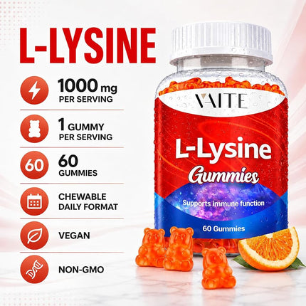 L Lysine 1000mg Gummies – Chewable Non-GMO Supplement, Plant-Based Amino Acid Formula, Gelatin Free, Gluten Free, Soy-Free, Complex Supplements, 60 Vegan Chewables for Adults