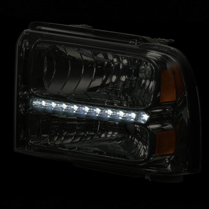 DNA MOTORING LED DRL Headlamps Headlight Assembly Compatible With 05-07 Ford F250-350 F450 F550SD, Smoked/Amber, HL-OH-FSD05-LED-SM-AM