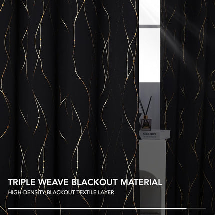 Deconovo Cortinas Opacas Negras Línea de Onda con Puntos Dorados Estampados Ojales Cortinas Bloqueadoras de Sol para Ventanas 42 x 84 Pulgadas Negras 2 Paneles