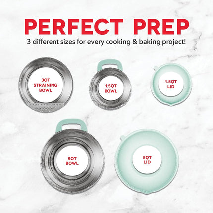 DASH Stainless Steel Mixing Bowls with Lids, Silicone Non-Slip Base with Measuring Lines and Strainer, 3 Bowl Set - 1.5 Quart, 3 Quart, & 5 Quart - Aqua
