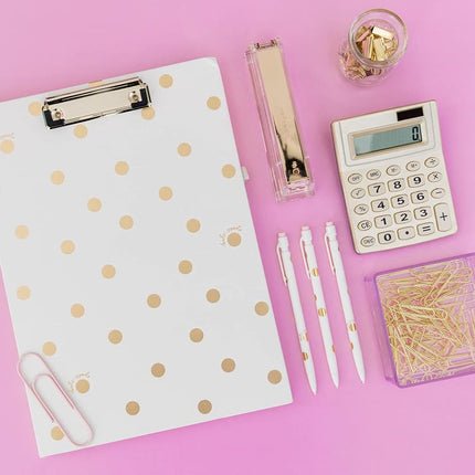 Kate Spade New York A4 Clipboard Folio with Low Profile Clip, Professional Padfolio Includes Lined Notepad, Pen Loop, and Pocket, Gold Dot with Script