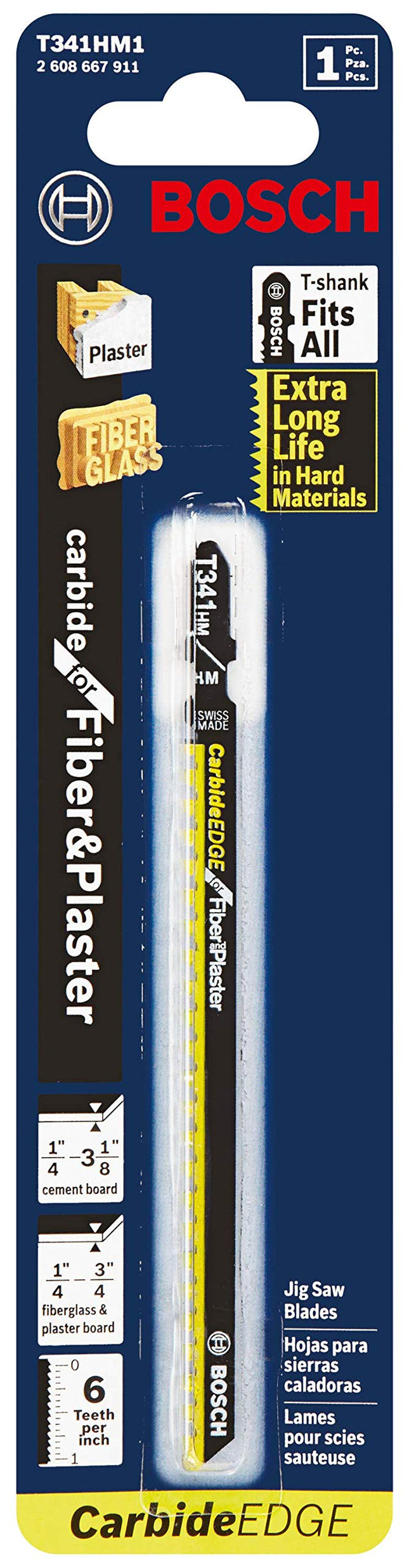 Bosch T341HM1 1-Piece 5-1/4 in. 6 TPI Special for Fiber and Plaster T-Shank Jig Saw Blades