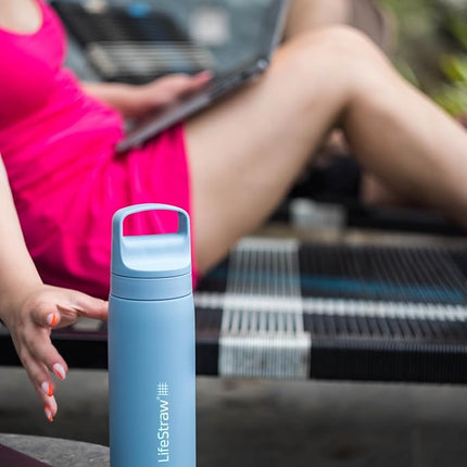 LifeStraw Go Series – Double Wall BPA-Free Vacuum Insulated 18 oz Stainless Steel Water Filter Bottle for Travel and Everyday use; Icelandic Blue