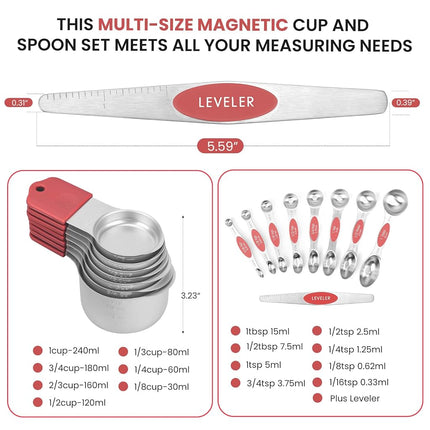 Magnetic Measuring Cups and Spoons Set-Heavy Duty 304 Stainless Steel，Double Measurement Markings，Set of 16 with Leveler for Measure Dry and Liquid Ingredients (Red)