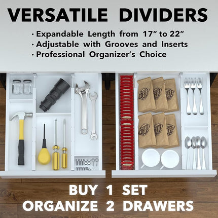 SpaceAid Bamboo Drawer Dividers with Inserts and Labels, Kitchen Adjustable Drawer Organizers, Expandable Organization for Home, Office, Dressers, 4 Dividers with 9 Inserts (17-22 in), White