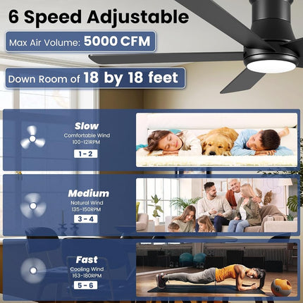 Autoday 52 Inch Ceiling Fans with Lights and Remote - Black Flush Mount Ceiling Fan with Light Low Profile, 6 Speeds, Quiet DC, 3CCT Dimmable, Indoor Outdoor Ceiling Fans for Patios Bedroom