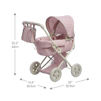 Olivia's Little World Buggy-Style Baby Doll Pram with Retractable Canopy, Storage Underneath, Detachable Bassinet, Travel Nursery Bag, Comfortable to Push, Pink and Grey