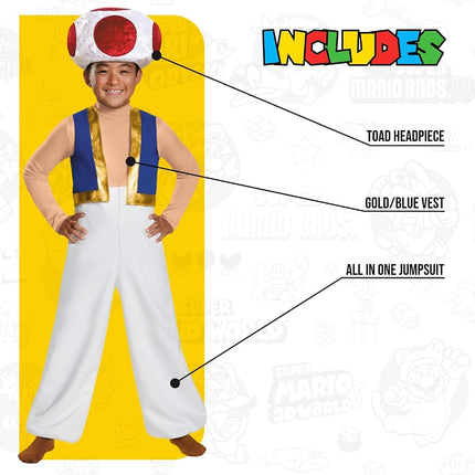 Disguise Super Mario Toad Costume for Kids, Official Nintendo Licensed Product, All In One Jumpsuit with Blue and Gold Vest Effect, Includes Toad Hat, 7-8 years