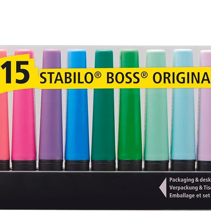 Stabilo Boss Highlighter, Deskset (15 Pieces) - 9 fluorescent colours, 6 pastel colours