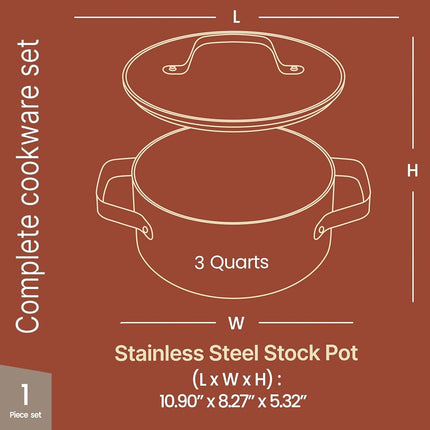 Cream 3 Quart Aluminum Stock Pot with Lid, Nonstick Ceramic Coated Boiling Pot, PTFE & PFAS Free, Oven Safe to 500°F, Riveted Stainless Steel Handles, Tempered Glass Lid, All Stove Compatible