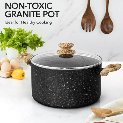MICHELANGELO Stock Pot with Lid, 4.3 Quart Cooking Pot Nonstick Soup Pot with Lid, Granite Nonstick Pot Induction Compatible, Non Stick Pot for Cooking with Stay-Cool Handles Black
