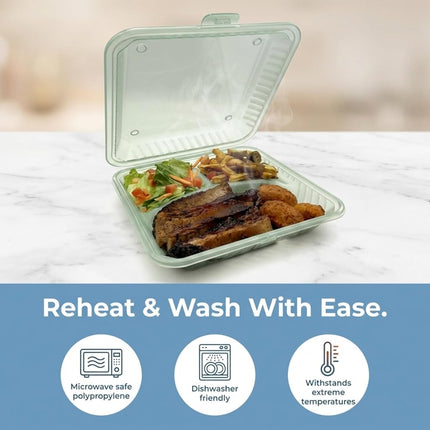Contenedor FSE Reutilizable para Llevar, 3 Compartimentos, Sin BPA, 22.8 x 22.8 x 6.3 cm, Verde, Ideal para Preparación de Comidas, Apto para Microondas y Lavavajillas